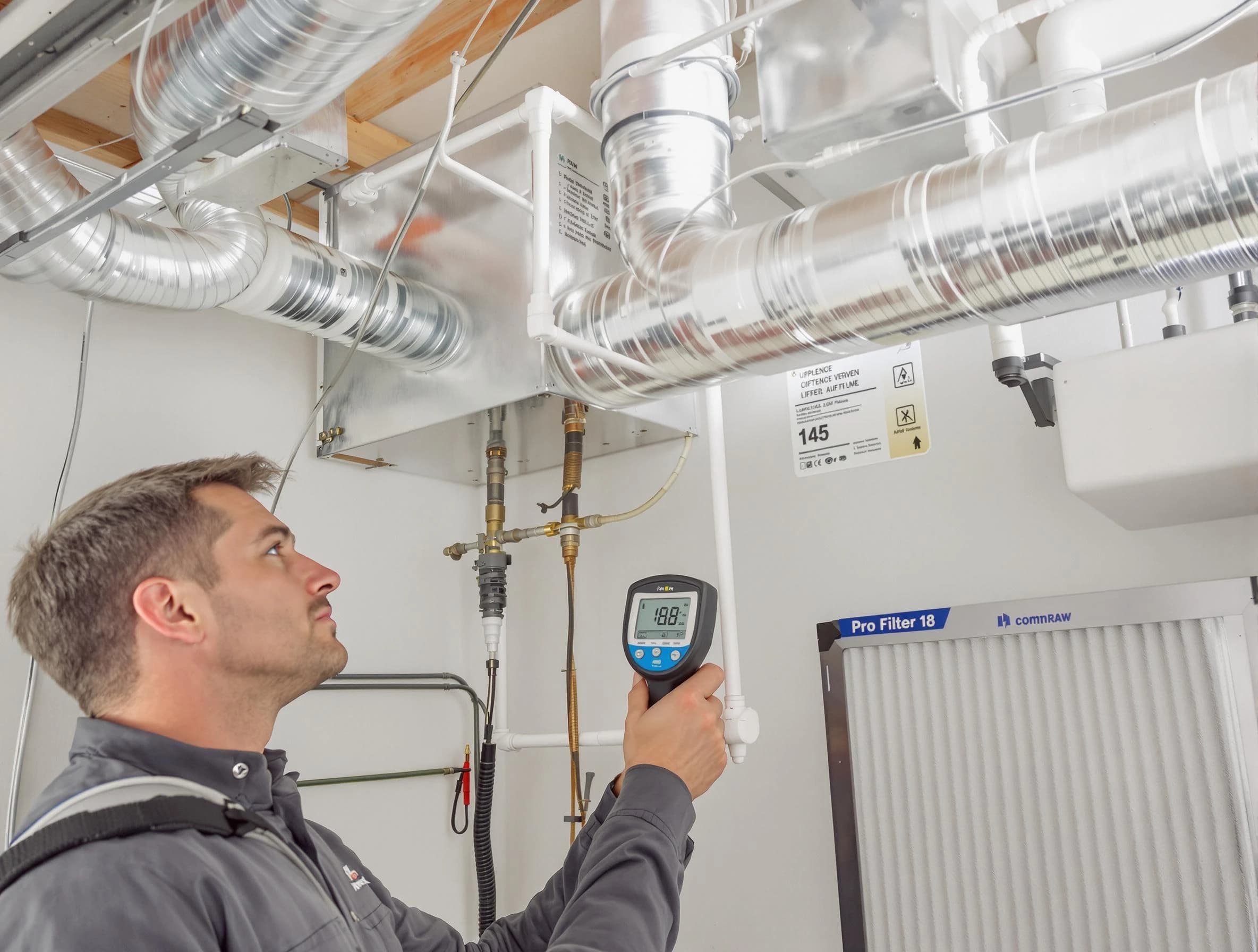 Spanish Fork Air Duct Cleaning expert conducting detailed filter system inspection using diagnostic tools in Spanish Fork