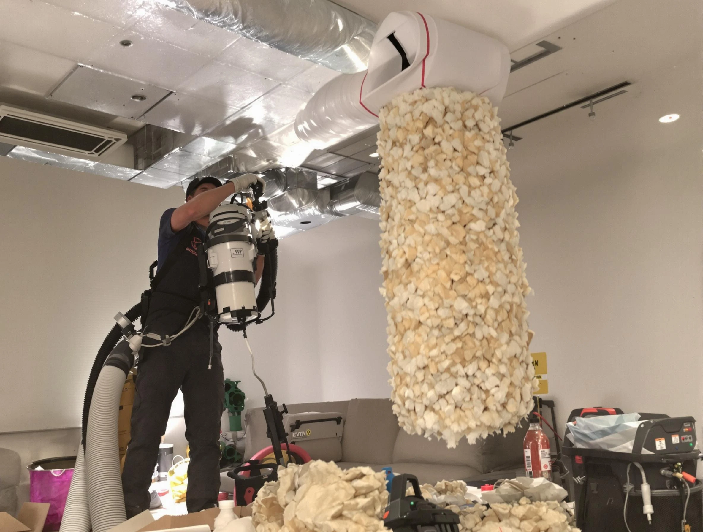 Spanish Fork Air Duct Cleaning technician performing precision vacuum insulation removal in a residential property in Spanish Fork